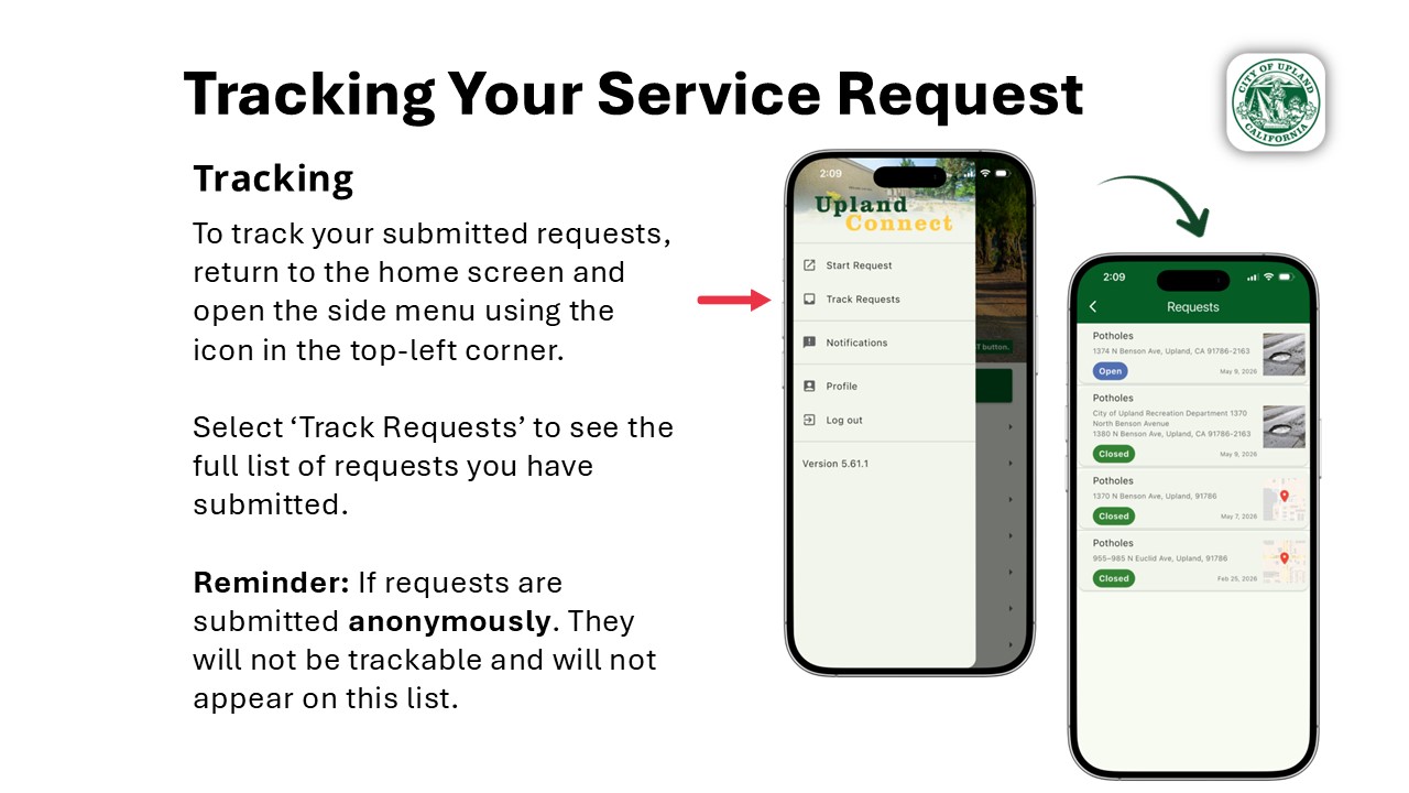 Instructions for tracking submitted service requests by opening the app menu and selecting &lsquo;Track Requests'. Anonymous requests are not trackable.